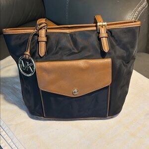 Michael Kors Black Tote with Brown Leather Trim and MK Charm